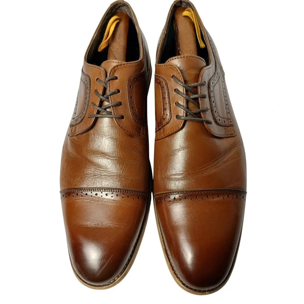 Stacy Adams Mens Cap Toe Oxford Dress‎ Shoes Cognac Brown Leather Brogue Lace Up